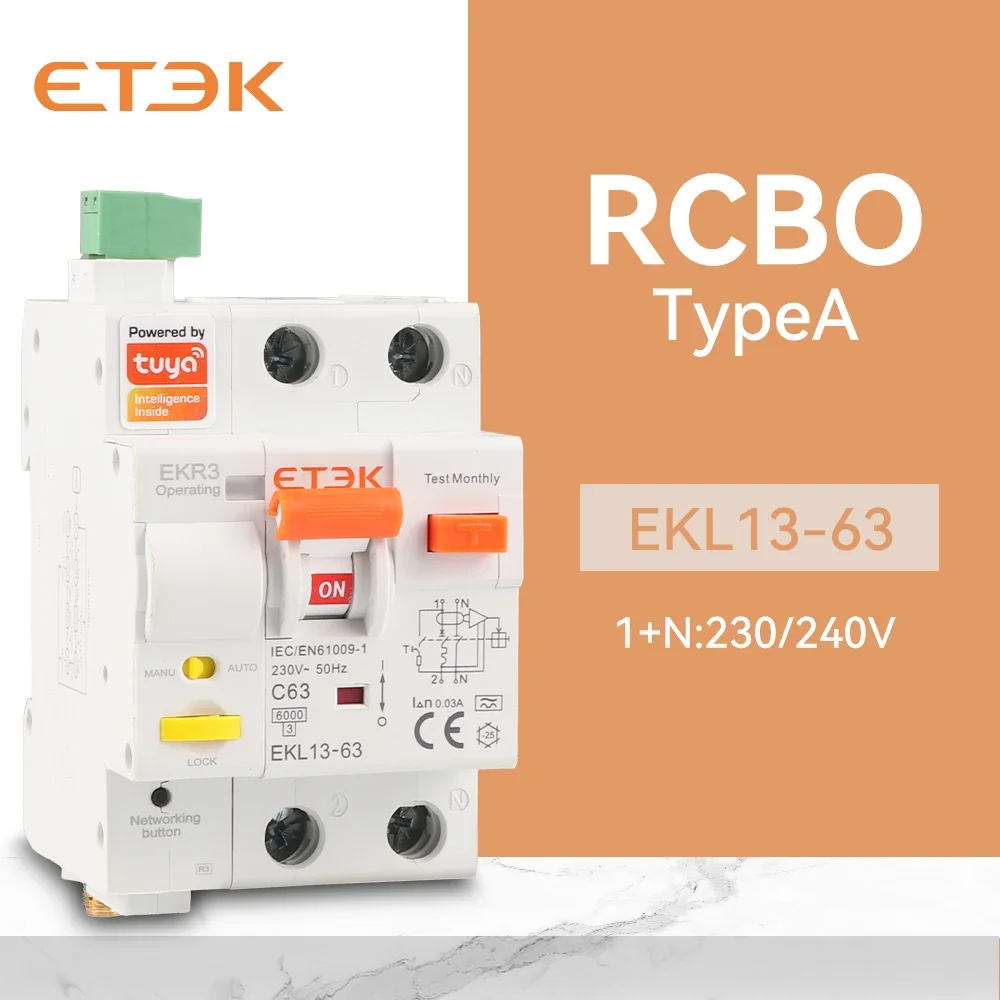 ETEK Tuya WlFl Smart circuit Breaker RCBO Smart Life Remote control short Circuit Protection Timed 2P withour metering EKR3L