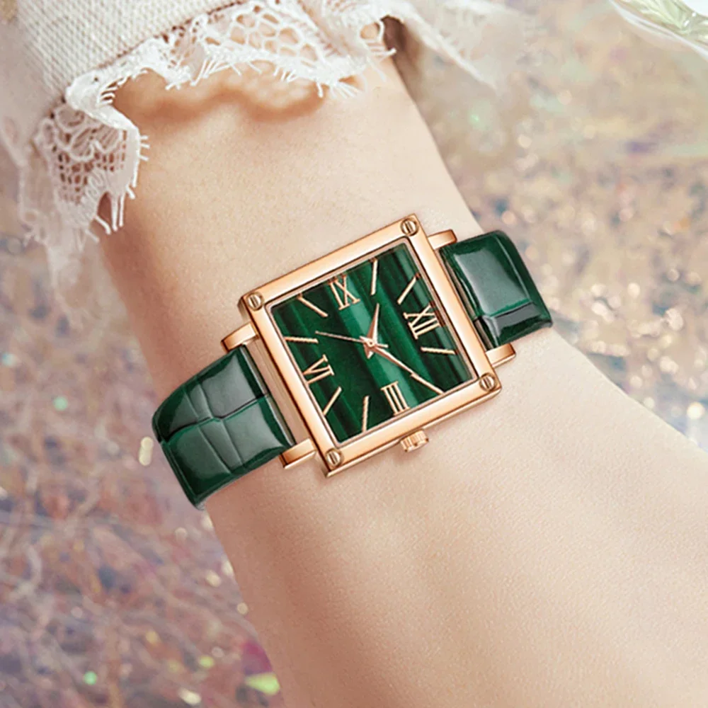 Green Women's Watch Set Fashion Trend Simple Rectangular Dial Quartz Watch Perfect Gift
