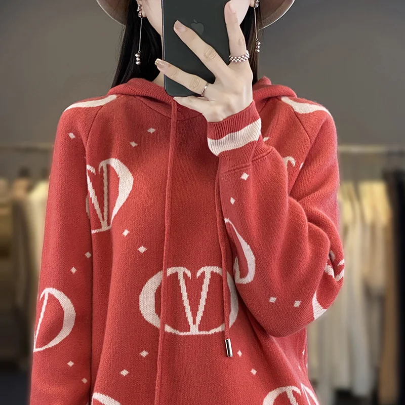 

Autumn and winter new 100% pure wool hoodie women's pullover loose contrast hooded fashion bottoming sweater