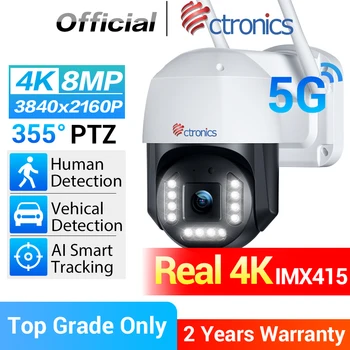 Ctronics 진짜 4K 8MP IP 카메라 3840x2160P UHD 컬러 나이트 비전 CCTV 카메라 PTZ 360 4배 줌 5Ghz WiFi 야외 인간 차량 감지 스마트 자동 추적 양방향 오디오 Onvif 방수