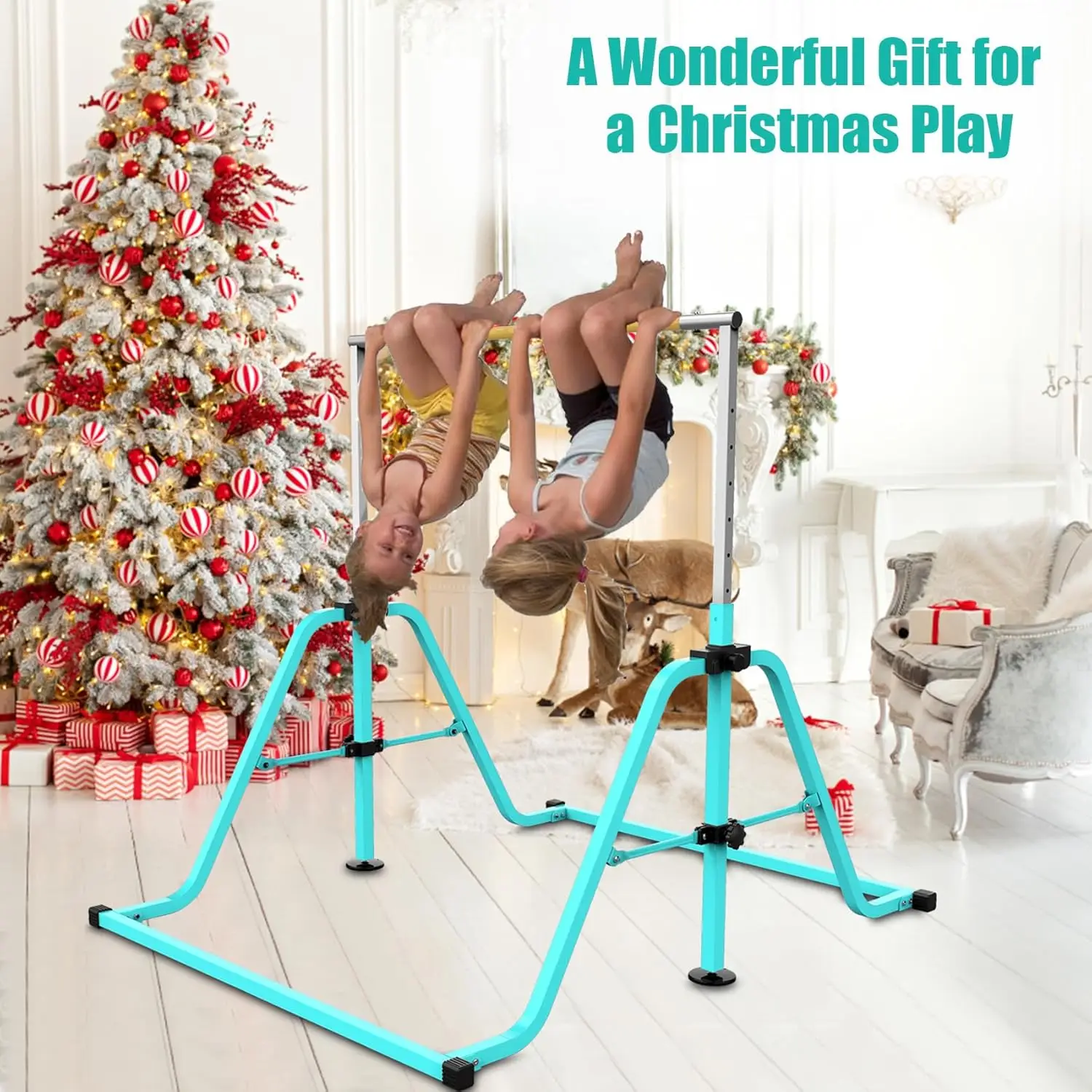 Gymnastics Bar for Kids, 8 Heights Adjustable Easy Folding Gymnastic Training Bar Kids Monkey Horizontal Bars-Max Load 300LBS