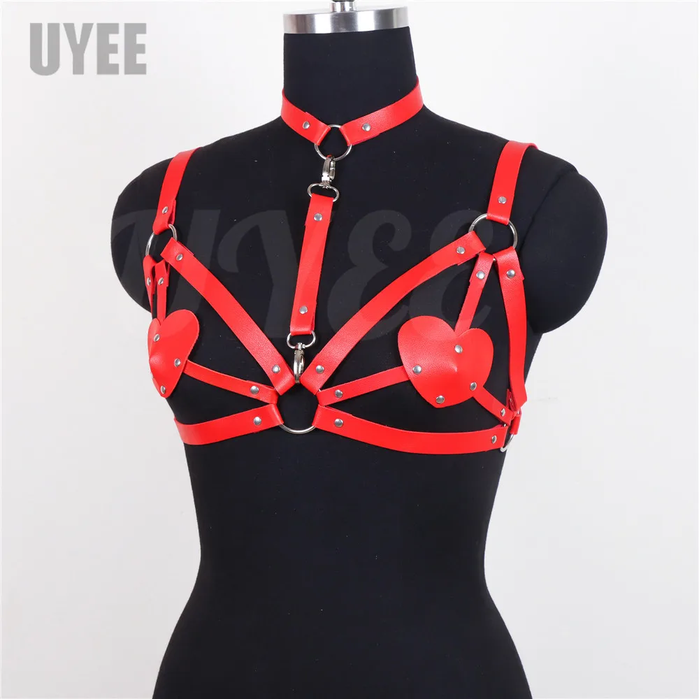 erotic lingerie Sexy Women Harness Bra PU Leather Heart Chest Patch Rave Outfit