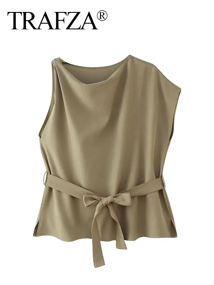 HH Women Vintage Solid Asymmetric Blouse Top Pajama Style Casual Loose Sleeveless Shirt With Lace Up Fashion Streetwear