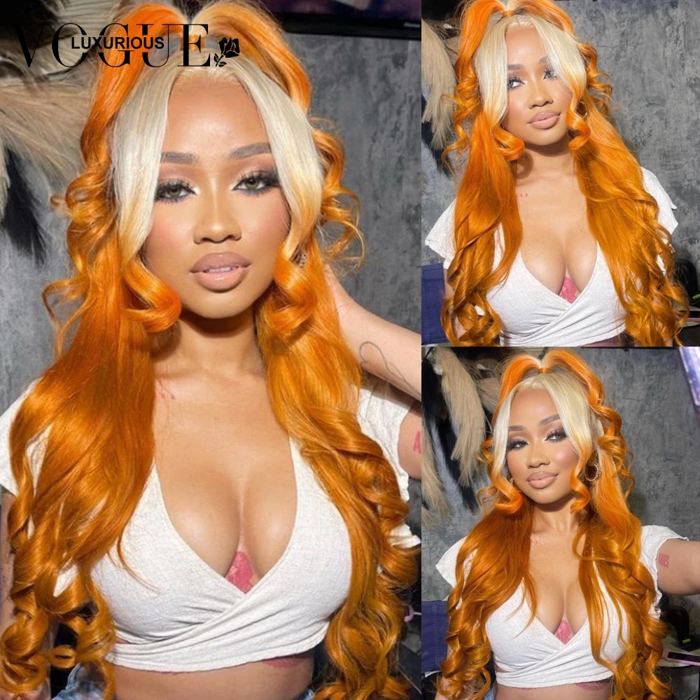 

13x4 Ombre Orange Lace Front Wigs with Baby Hairline Brazilian Virgin Human Hair Loose Body Wave Wig Preplucked 613 Colored Wavy