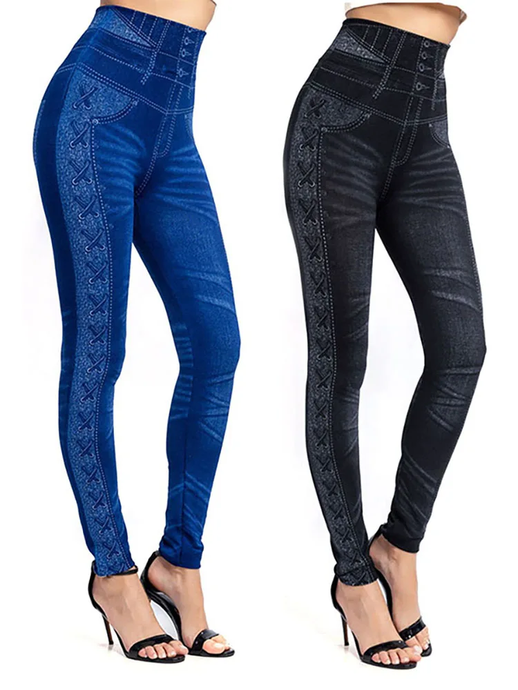 

YGYEEG Side Printing Seamless Jeggings Push Up Sports Faux Denim High Waist Leggings Warm Elastic Women Plus Size Pencil Pants
