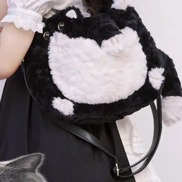 JIAERDI Sweet Cute Cat Black White Shoulder Bags Women Harajuku Aesthetic Plush Y2k Crossbody Bags Girl Large Capacity Tote Bag