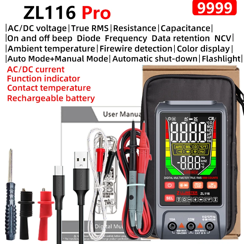 9999 Counts USB Charge Digital Multimetro True RMS Smart Auto Range test AC DC Voltage Capacitance Temp Diode Ohm Hz Meter digital multimeter multimeter tester