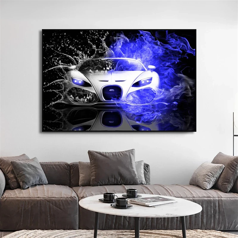 5 Pièces D'Art Mural Sur Toile Voiture De Sport Bleue Voiture De Course 200  X 100 Cm / 79 X 40 Pouces Décoration Murale Oeuvre Moderne Peinture Pour  Bureau À Domicile Salon