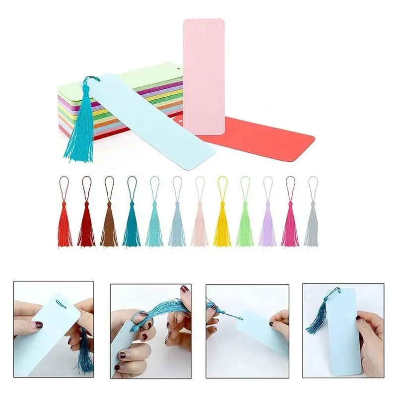 AS60-200PCS 빈 크래프트 종이 책갈피 직사각형 책갈피 DIY 프로젝트를 위한 다채로운 태슬이 있는 걸이형 라벨