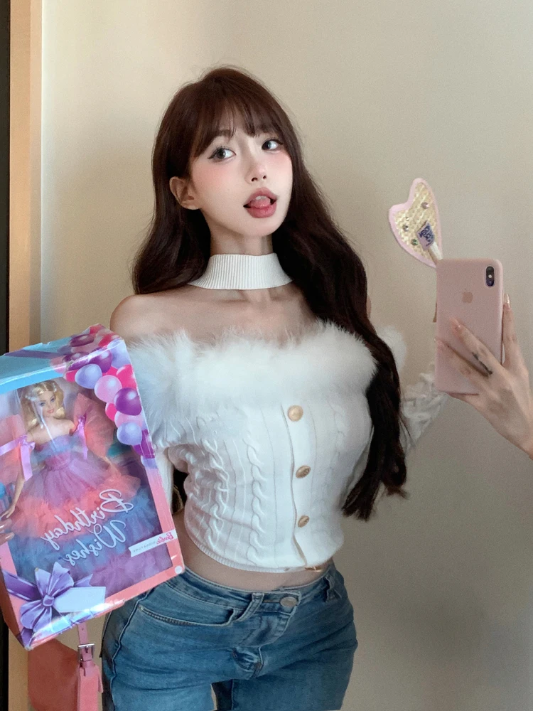 

Новинка 2023, пикантный свитер с открытыми плечами, дизайнерский вязаный джемпер, топы, женские пуловеры