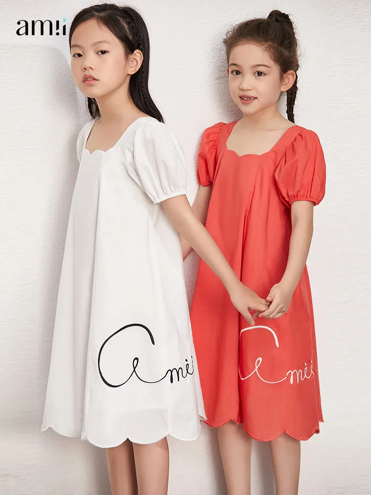 

Amii Kids Dress for Girls 2022 Summer Long Square Collar Loose Short Sleeve A line Teens Children Dresses Clothes 22140082