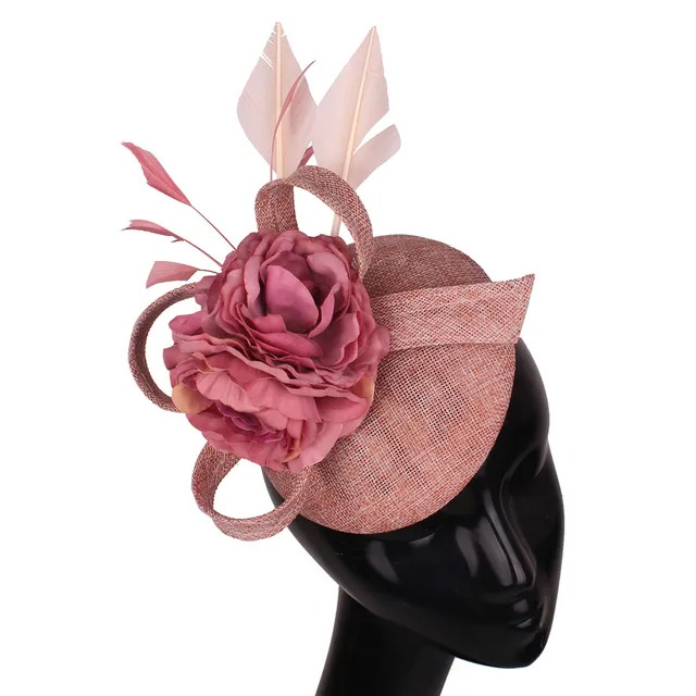 Elegant Peach Wedding Headwear Imitation Sinamay Women Fascinator Hat Feather Bride Hair Accessories Vintage Headdress For Lady 1