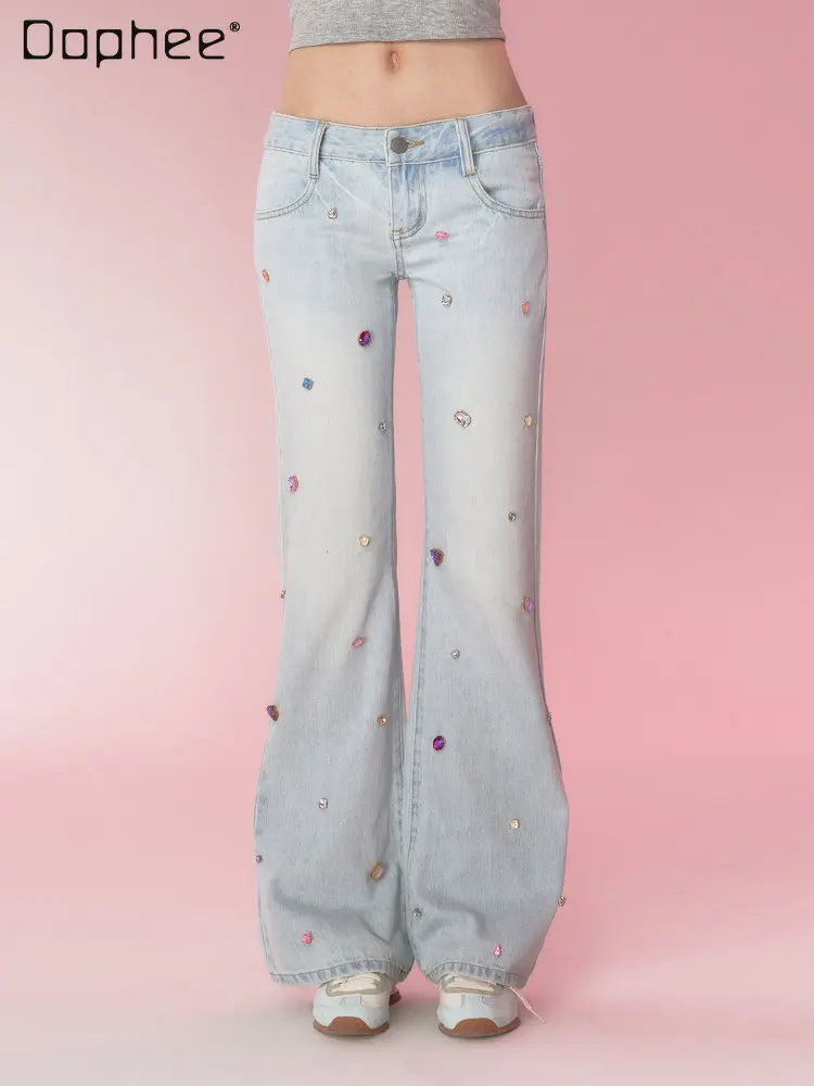 

Casual Colorful Crystals Skinny Low Waist Jeans Woman 2023 Summer New Fashion Original Design Hot Girl Baggy Straight-Leg Pants