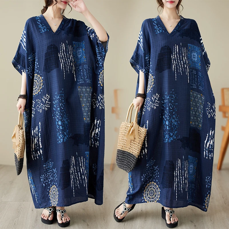 

Женское пляжное платье-макси с принтом, повседневное хлопковое платье большого размера с V-образным вырезом, модель X8031 на лето, 2023