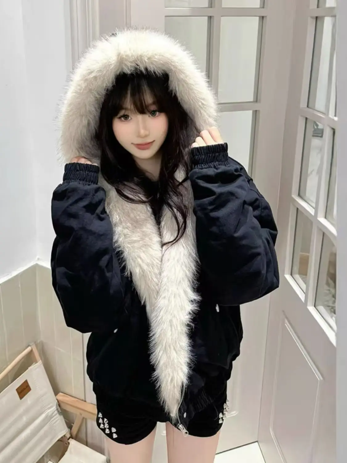 2025 Y2k American new Jacket  Retro Woolen Collar Hoodeds Cotton Plush Men Street Hip Hop Gothic Harajuku Oversize Jacket Coat