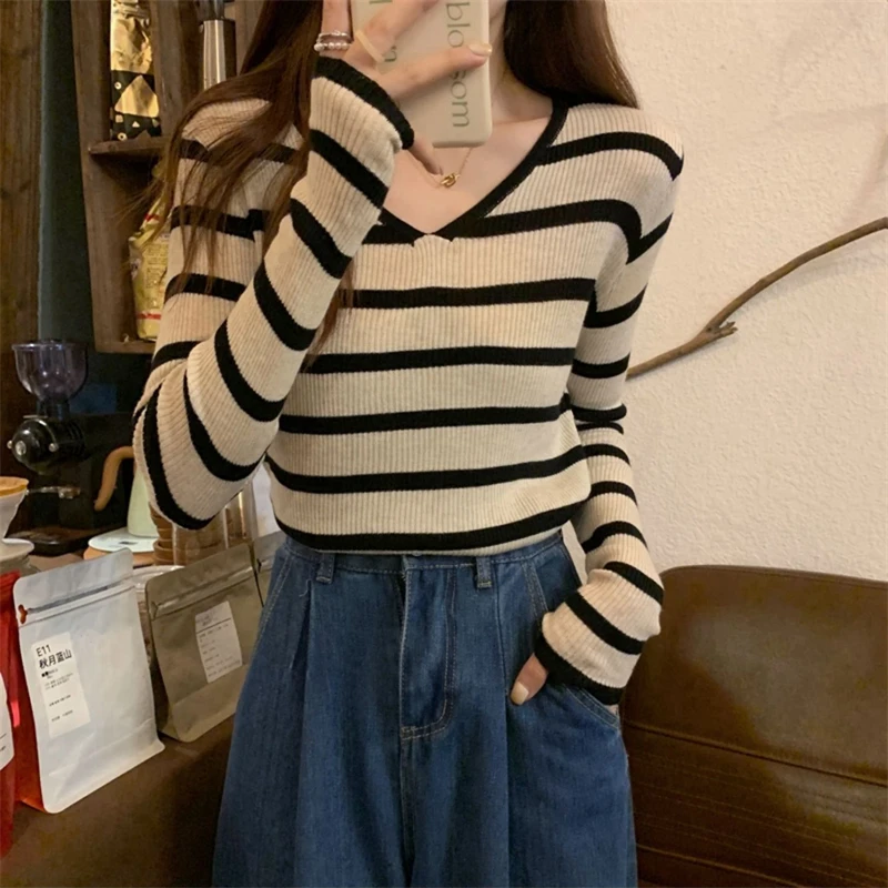 Women Trendy Casual Striped Chic Y2K All Match Basic Knitwear Autumn Korean Female Simple V Neck Long Sleeve Slim Pullover Tops
