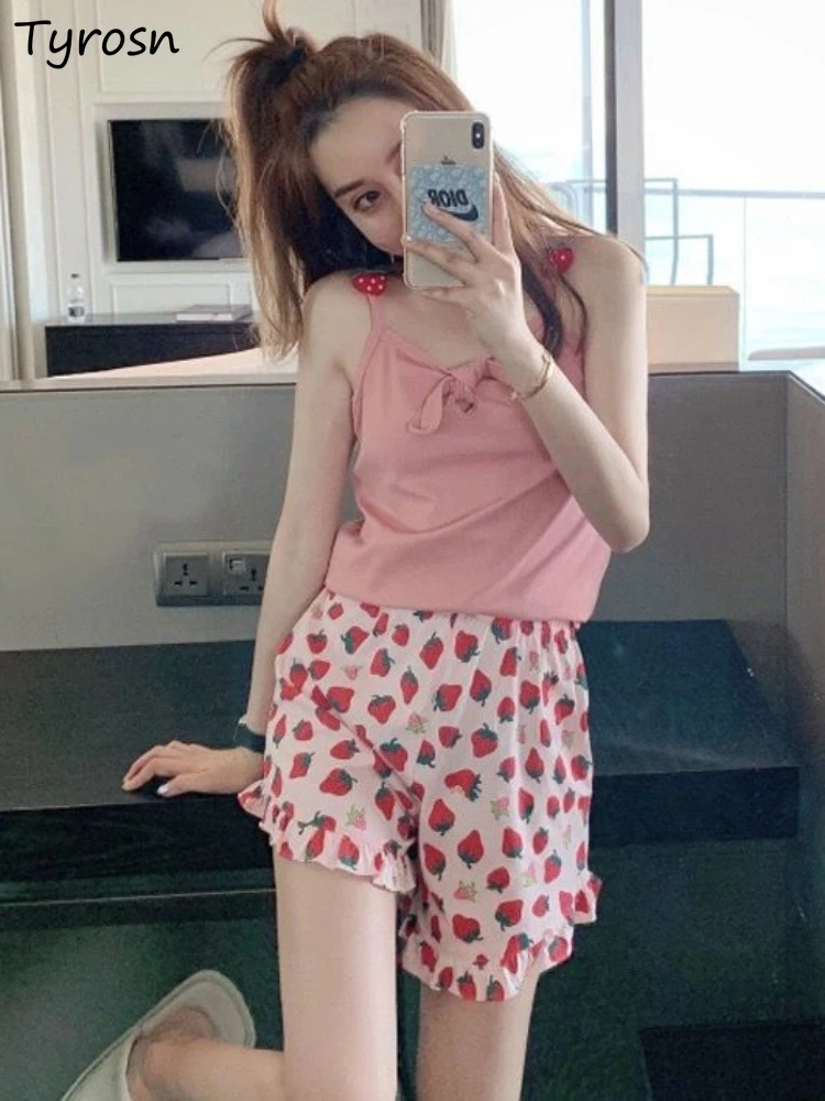 

Pajama Sets Women Summer Design Sleeveless All-match Simple Sweet Daily Lounge Wear Students Ruffles Home Korean Style Leisure