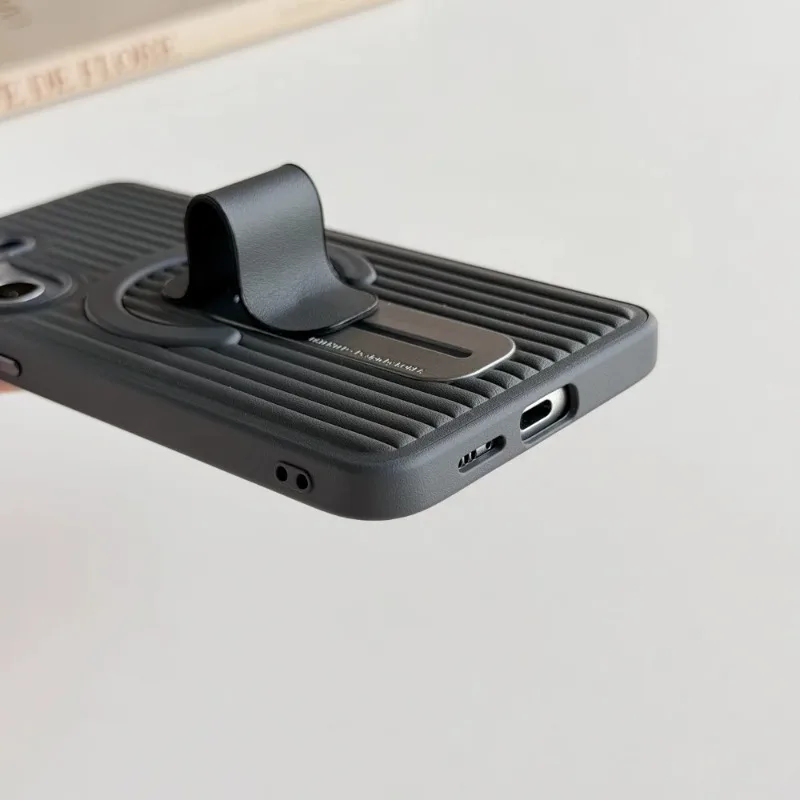 Adjustable Ring Holder Leather Magnetic Case with Creative Corrugated Stripe Cover