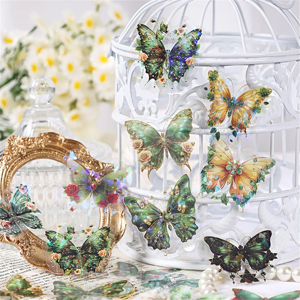 Colorful Butterfly Breeze Vintage Laser Collage PET Sticker Set for Creative DIY Journaling and Scrapbooking