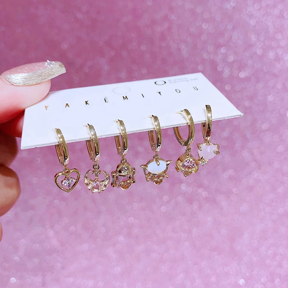 MIGGA 6pcs Mixed Pink Stone Outer Space Movie Hoop Earrings Set Gold Plated Cubic Zircon Women Jewelry 2