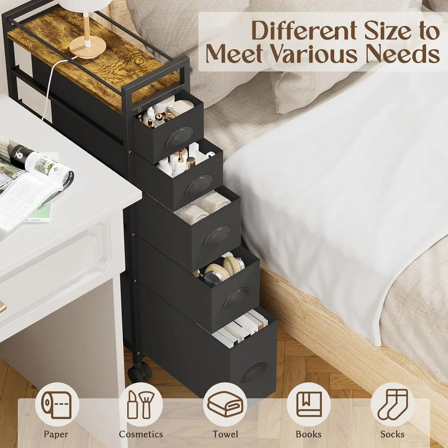 LASZOLA 5 Drawer Narrow Dresser Slim Cabinet Skinny Storage Tower Chest, Ideal for Small Spaces Bathroom Bedroom, Between Washer 4