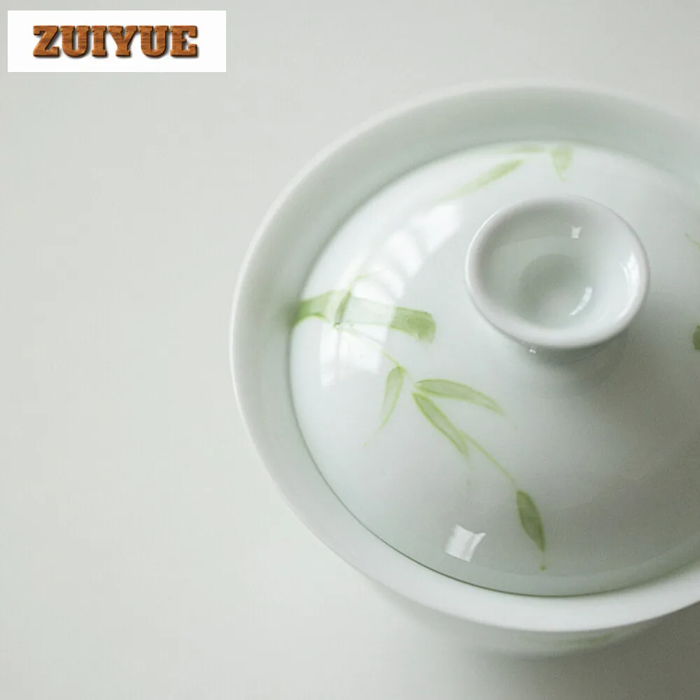 130ml Jade Mud Handmade Cover Bowl Household Hand-painted Green Bamboo Gaiwan Luxury Anti Scald Tea Tureen Tea Making Craft Gift