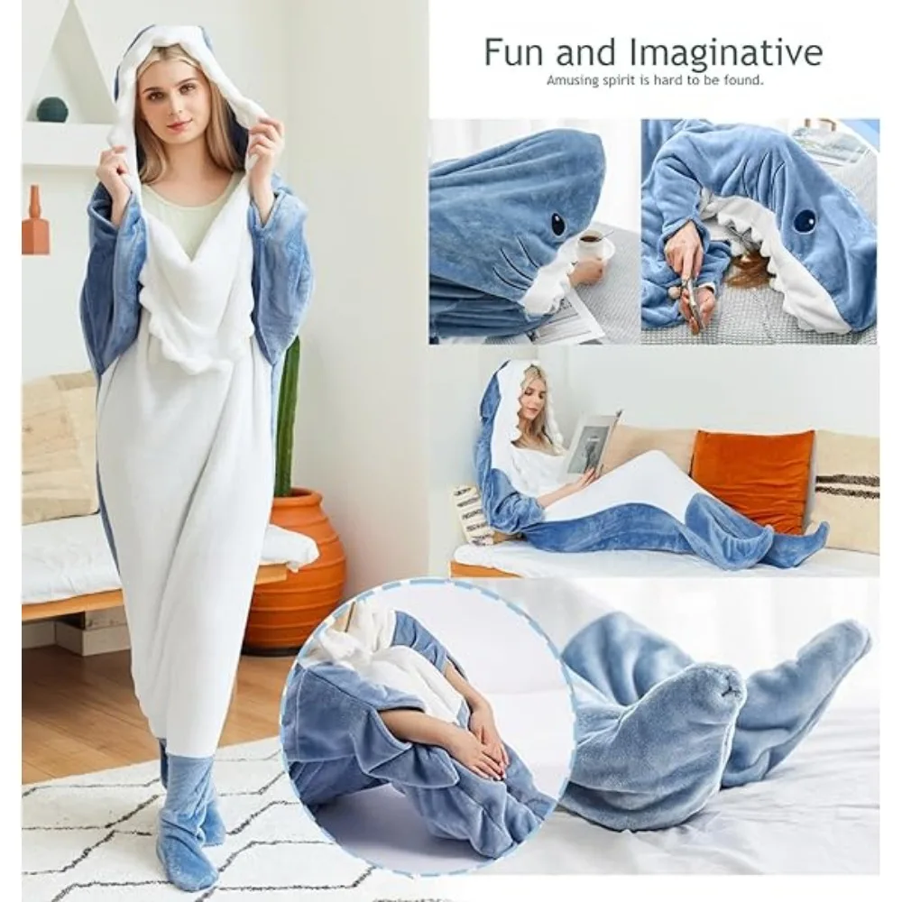 Winter Shark Blanket Hoodie Soft Sleeping Bag Warm Pajamas Flannel Nightgown One Sies Pijamas for Adults Women&Men