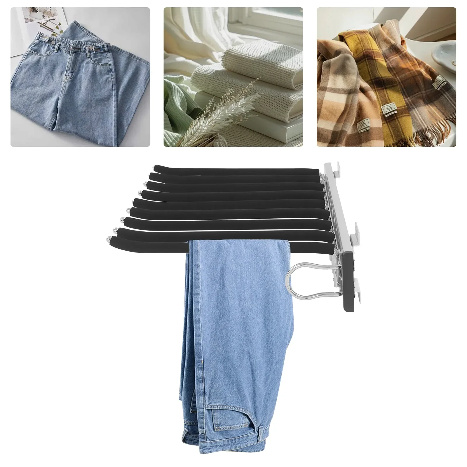 Robuster, recht montierter, ausziehbarer Hosenständer mit geräuschloser Gleitschiene, 9-Stab-Beflockung, Stahl-Hosen-Organizer, platzsparend – Detail 2