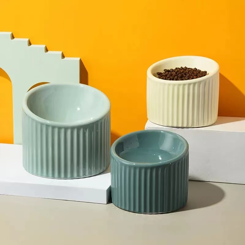 

Ceramic Cat Water Bowl Striped Small Dogs Food Feeders Elevated Pet Drinking Eating Feeding Bowls
