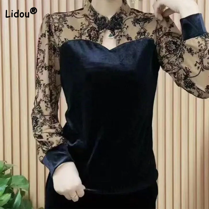 

Elegant Vintage Gauze Long Sleeve Spliced Tops Women's Fashion Slim Fake Two Pieces Stand Collar T-shirt Autumn Female Clothing