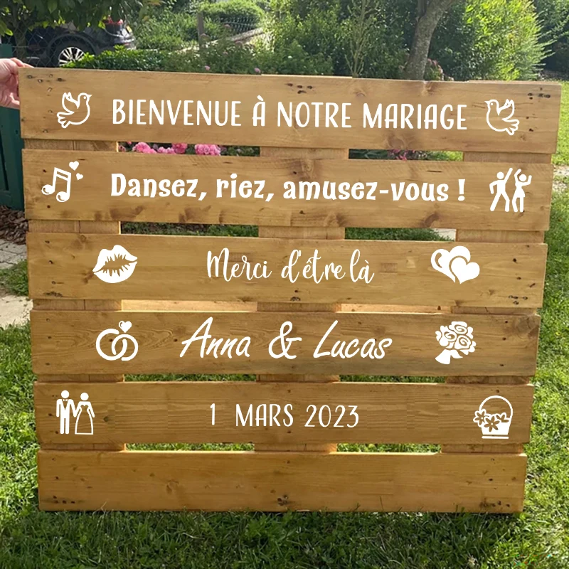 Französisch Personalisierte Hochzeit Palette Viny Aufkleber Decals  BIENVENUE Mariage Hochzeit Dekoration Nach Namen Datum Aufkleber Party  Decor - AliExpress