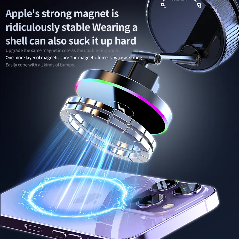 360 Rotation 15W RGB Magnetic Wireless Charger & Vacuum Suction Cup Bracket For Magsafe iPhone 17~12 Pro Max Fast Charging Mount