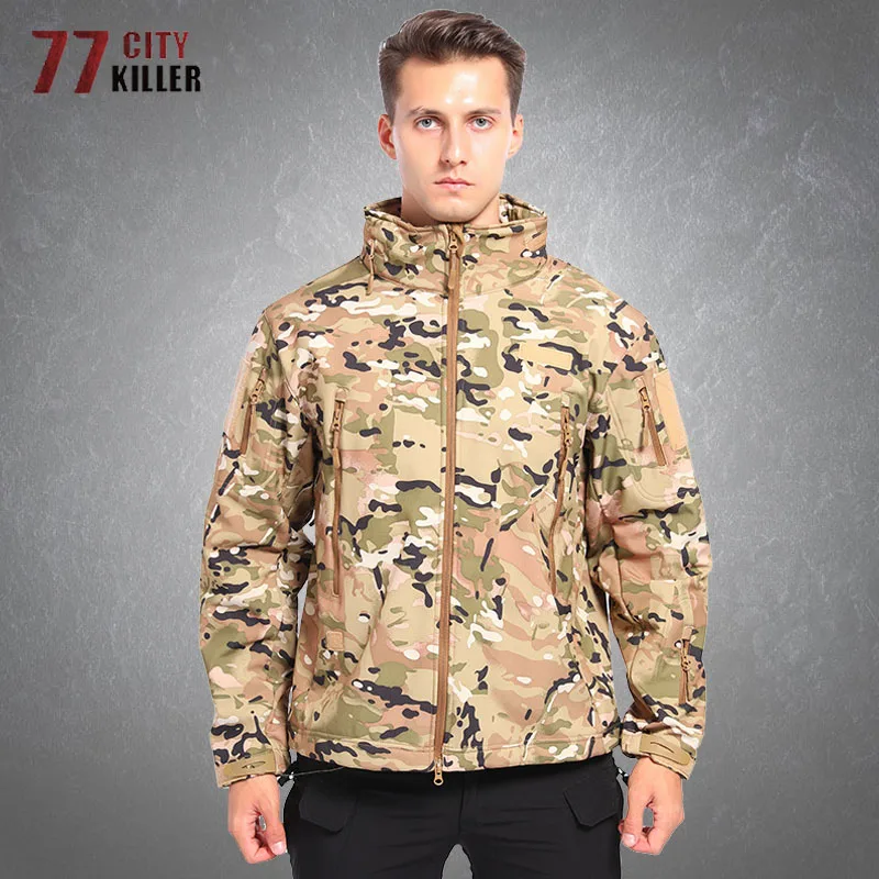 

Men's Camouflage Fleece Tactical Soft Shell Jackets Outdoor Sports Windproof Waterproof Multi-Pockets Military Hooded Coats Male