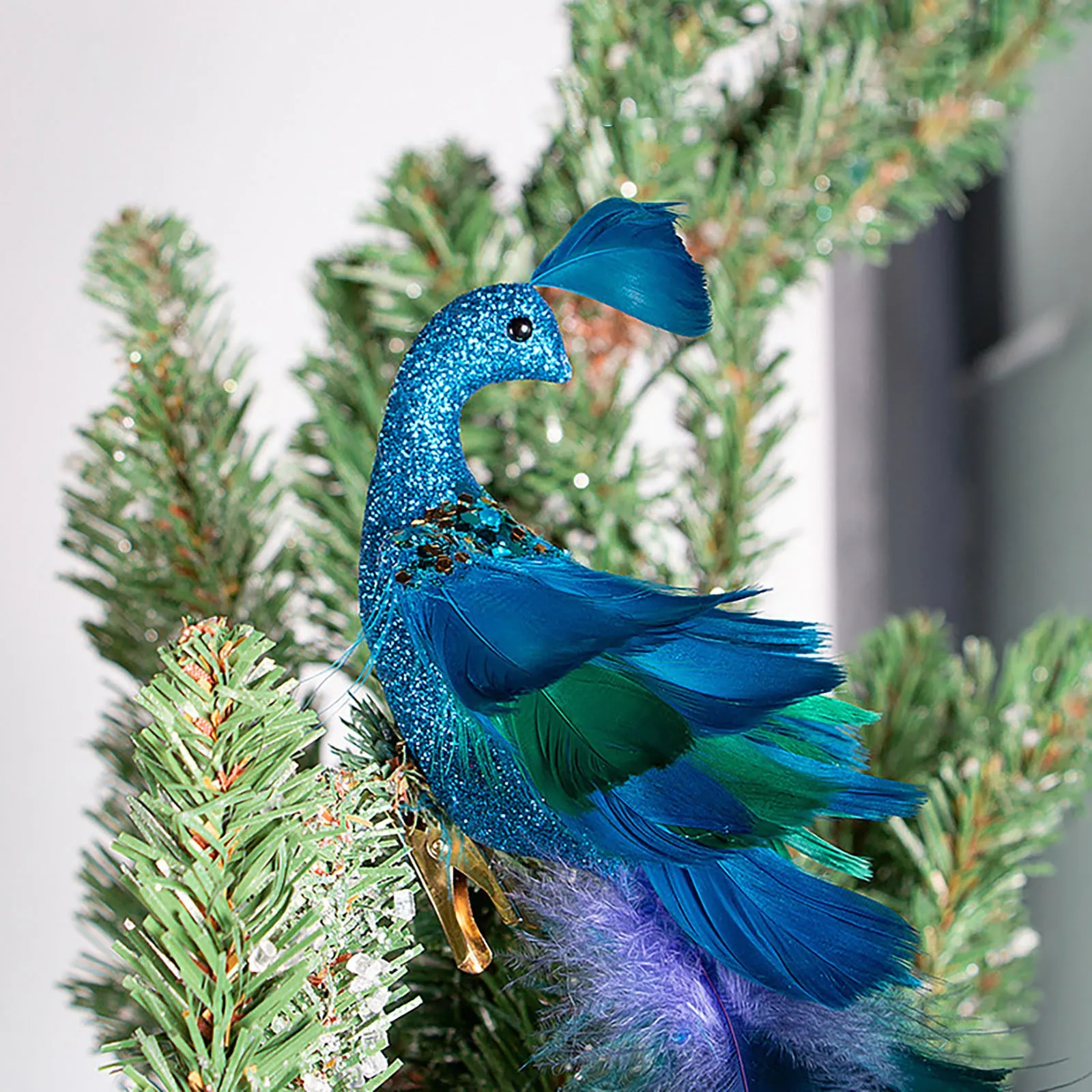 Christmas Tree Ornaments Glittered Bird Faux Peacock Decoration New Year  2023 Navidad Clip On Turquoise Peacock