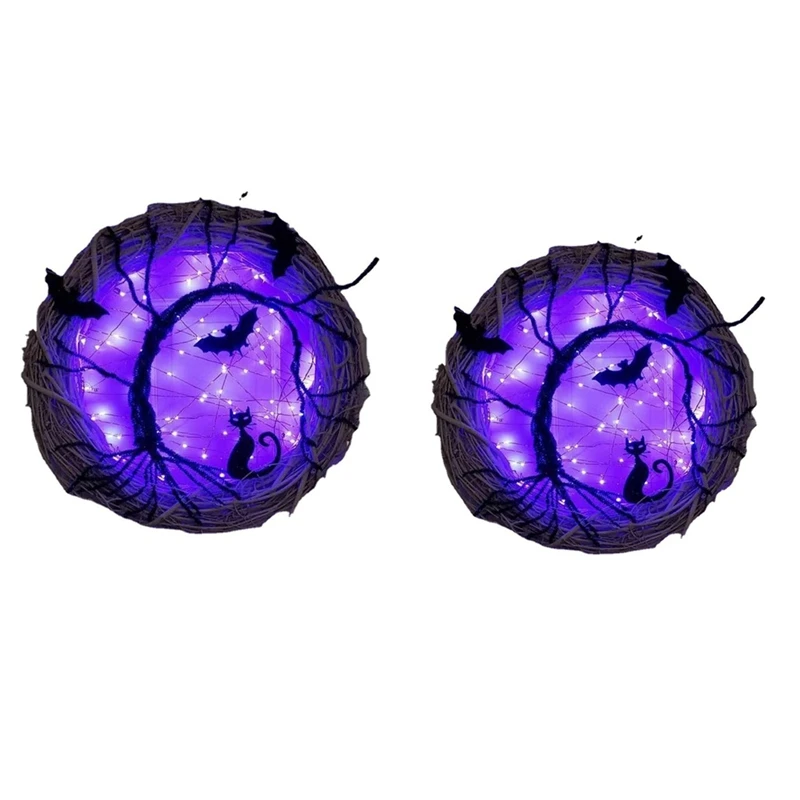 

Хэллоуин, венки для входной двери, подсвеченные летучая мышь и кошка, Хэллоуин, венок с фиолетовыми искусственными огнями, прочный и простой в установке