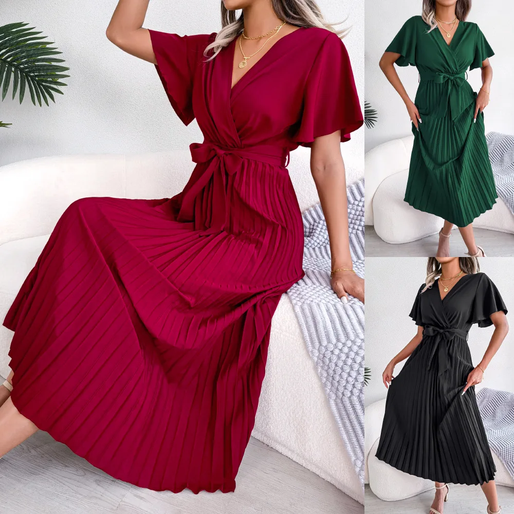 

Women Cross V-neck Large Pleated Long Skirt