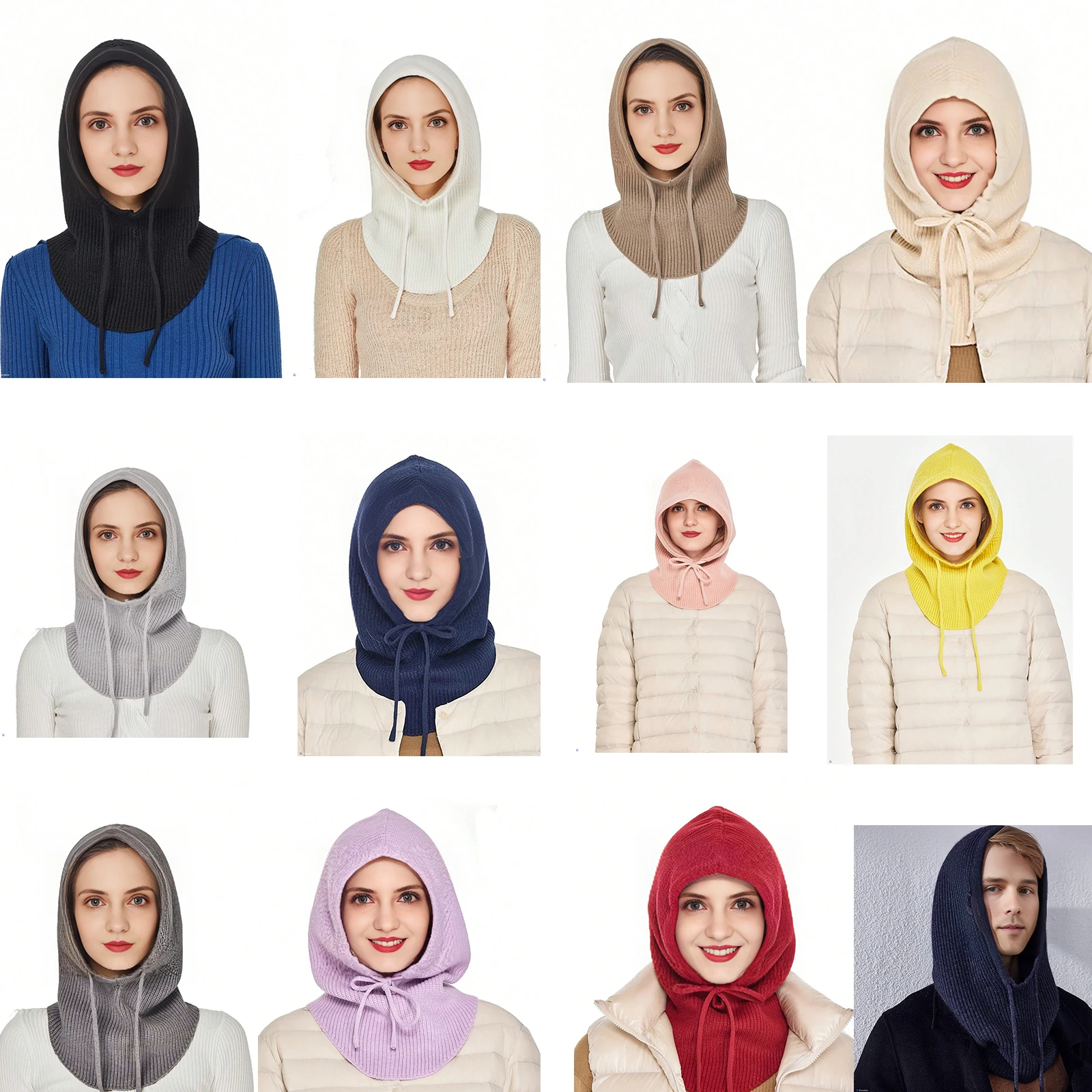 Unisex Knit Warm Wool Balaclava Hat Winter Scarf Hooded Beanie Women Neck&Face Protect Skullies Men Soft Wollen Bonnet Girl 4