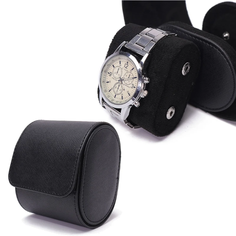 Black Real Leather Watch Roll Single Watch Travel Case