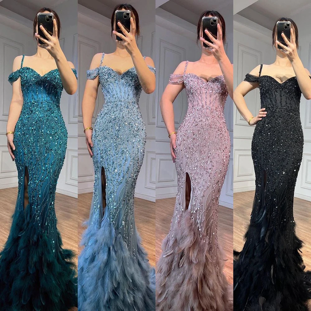 Green Mermaid Sexy High Split Off Shoulder Evening Dresses Feather Beaded Gowns Long 2023 For Women Party LA71650A Serene Hill