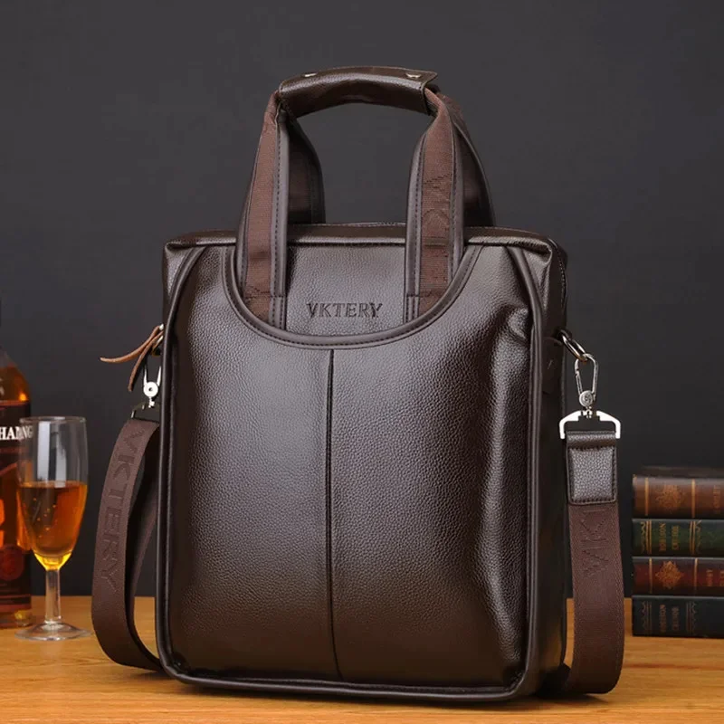 

Vintage Soft Leather Men's Briefcases Business Vertical Hand Tote Bag Office Male Shoulder Messenger