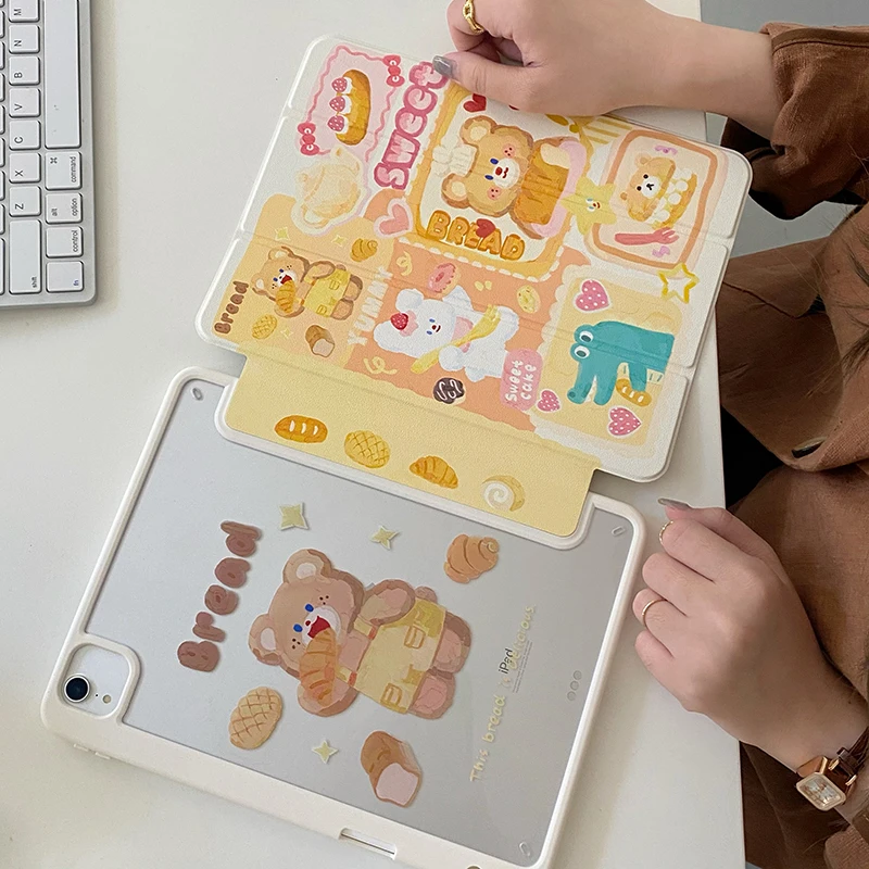 Capa de Urso Bonito para Ipad Tampa com Suporte de Slot para Lápis Ipad Pro 11 12.9 10.5 9.7 Air 10.9 Mini6 2023 2023 Novo 2023