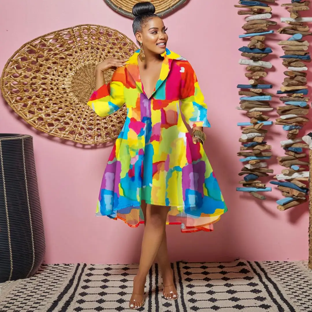 

Dashiki African Women Print Dress Elegant Lapel Collar Pleated A Line Dresses Casual Long Sleeve Irregularity V Neck 2023