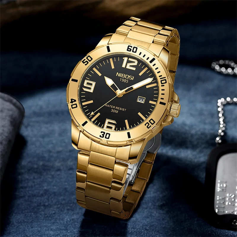 NIBOSI Fashion Mens Watches Top Brand Luxury Gold Stainless Steel Waterproof Luminous Sports Quartz Watch Men Relogio Masculino