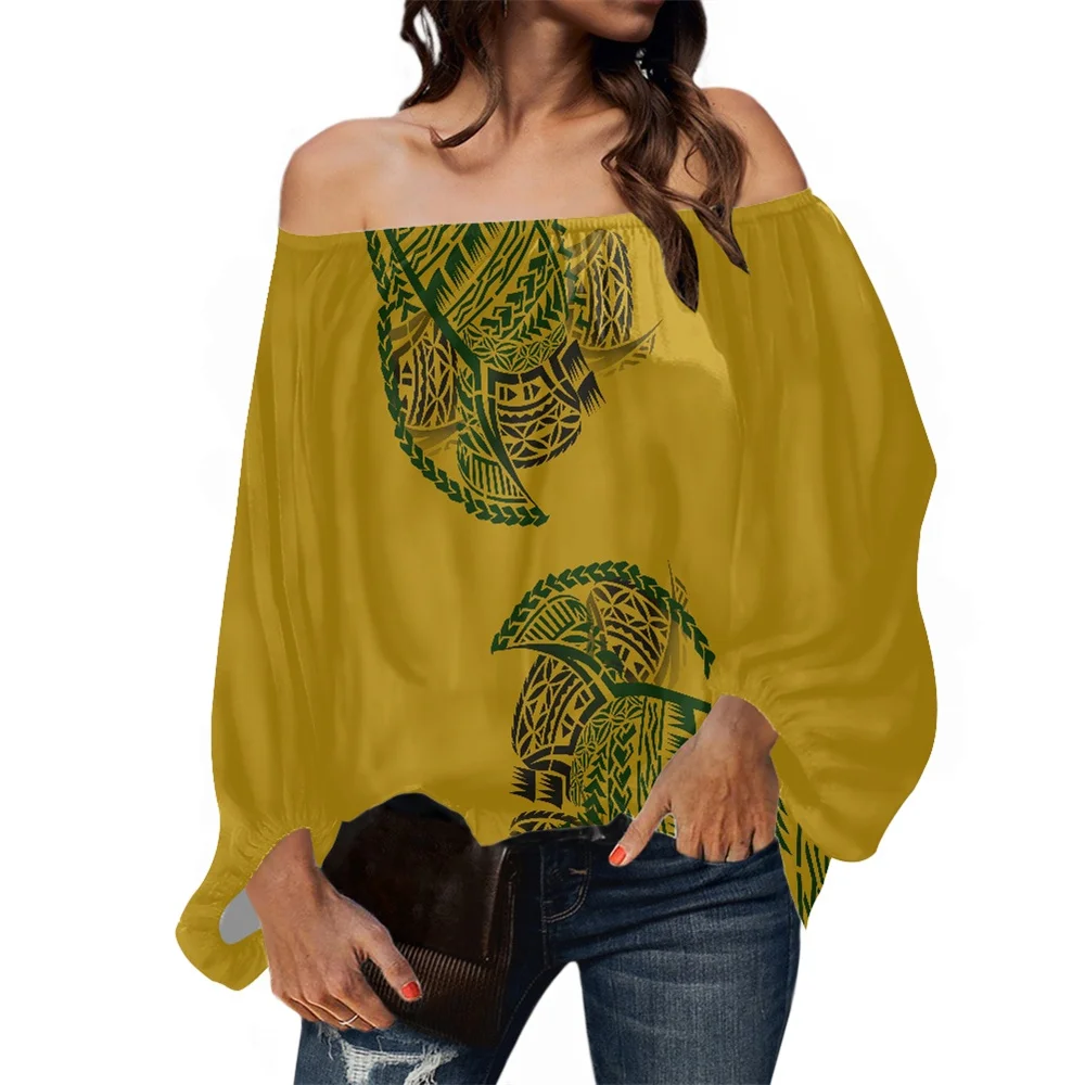 

Long Sleeve Lightweight Off Shoulder Blouse Polynesian Tribal Samoan Fijian Print Tiare Womens Causal Chiffon Clothes Islanders
