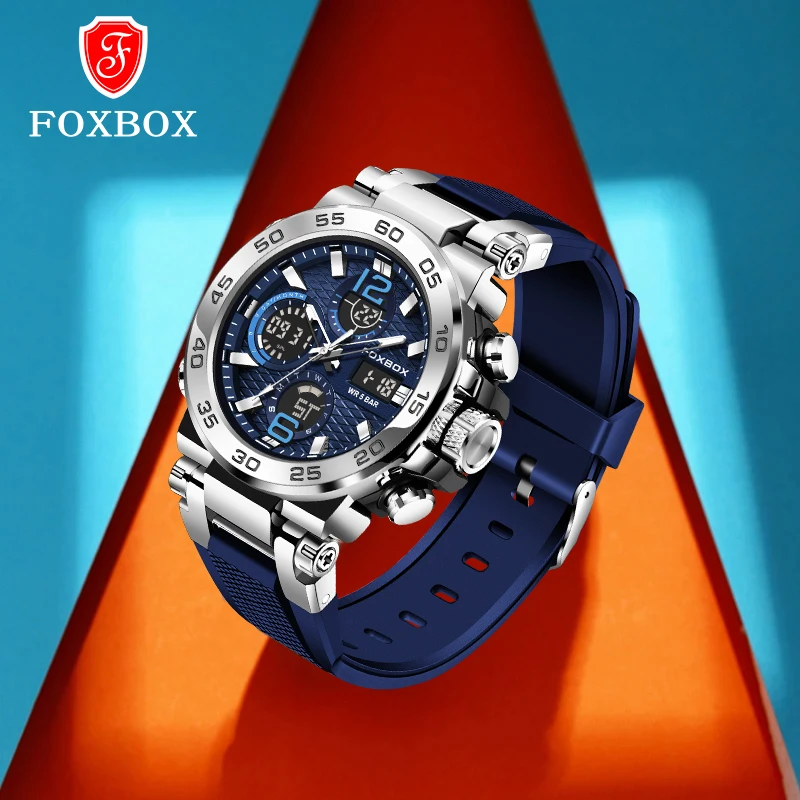 FOXBOX Fashion Analog Digital Men Watch Sports Style Men's Watch Waterproof 50M Durable Alloy Case Dual Display Men WristWatches dc 30a analog ammeter panel portable 0 30a current meter durable analog amperemeter panel professional meter gauge