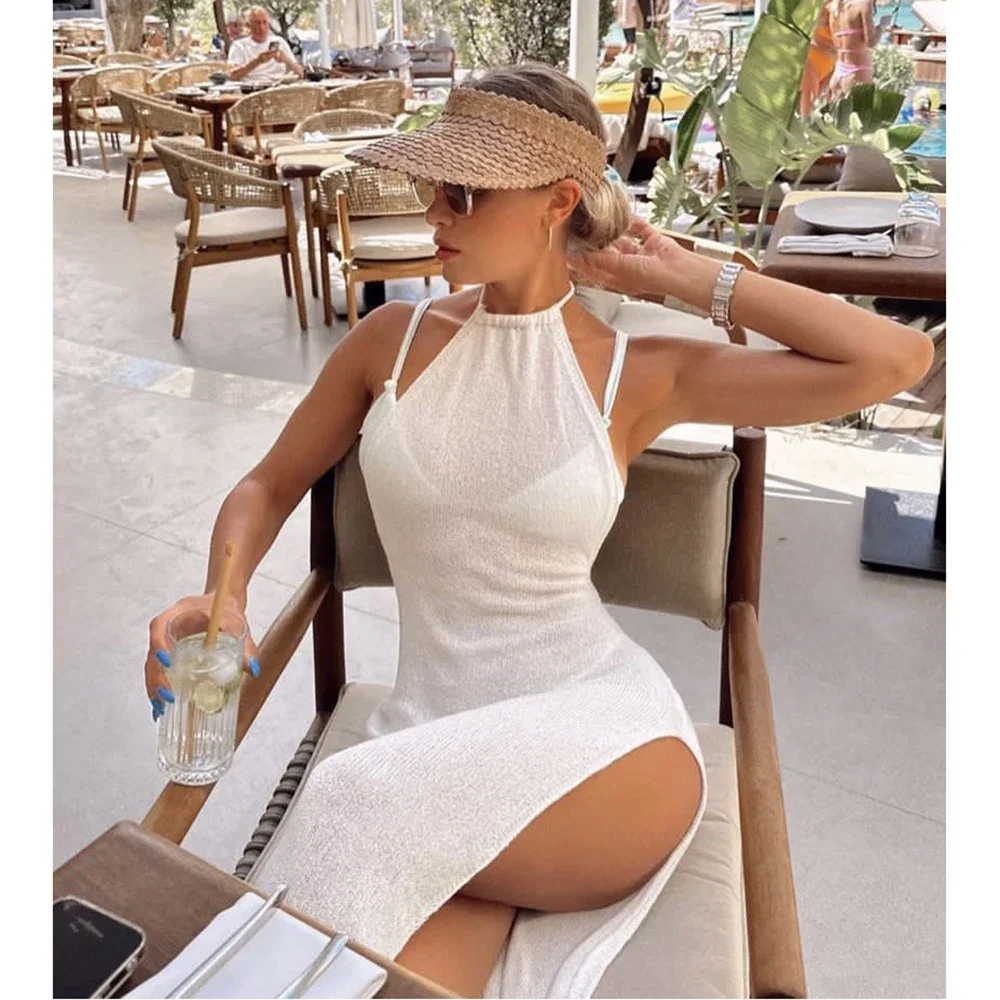 2024 Kintted Cover Up Beach Sexy See Through Maxi Slit Bodycon Summer Dress Bikinis Cover-ups  Elegant Halter Beachdress