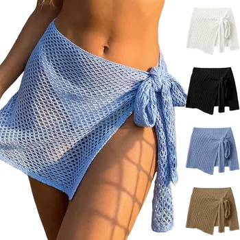 Women Crochet Knit Beach Cover Up Skirt Tie Side Holllow Out Mesh Mini Skirt Bow Knot Swimsuit Coverup Summer Vacation Beachwear 1