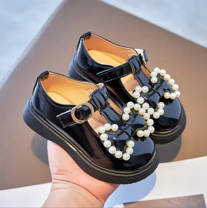 Spring Autumn Girls Leather Shoes Children Flats T-strap Bow-knot with Pearls Princess Black Kids Shoes for Party
