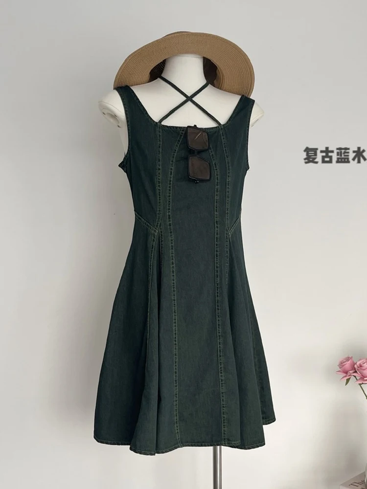 Retro Thin Jeans Dress Women Side Zipper Sleeveless High Waist Slim Waist A-Line Denim Dress Short Mini Fashion Vestidos Mujer