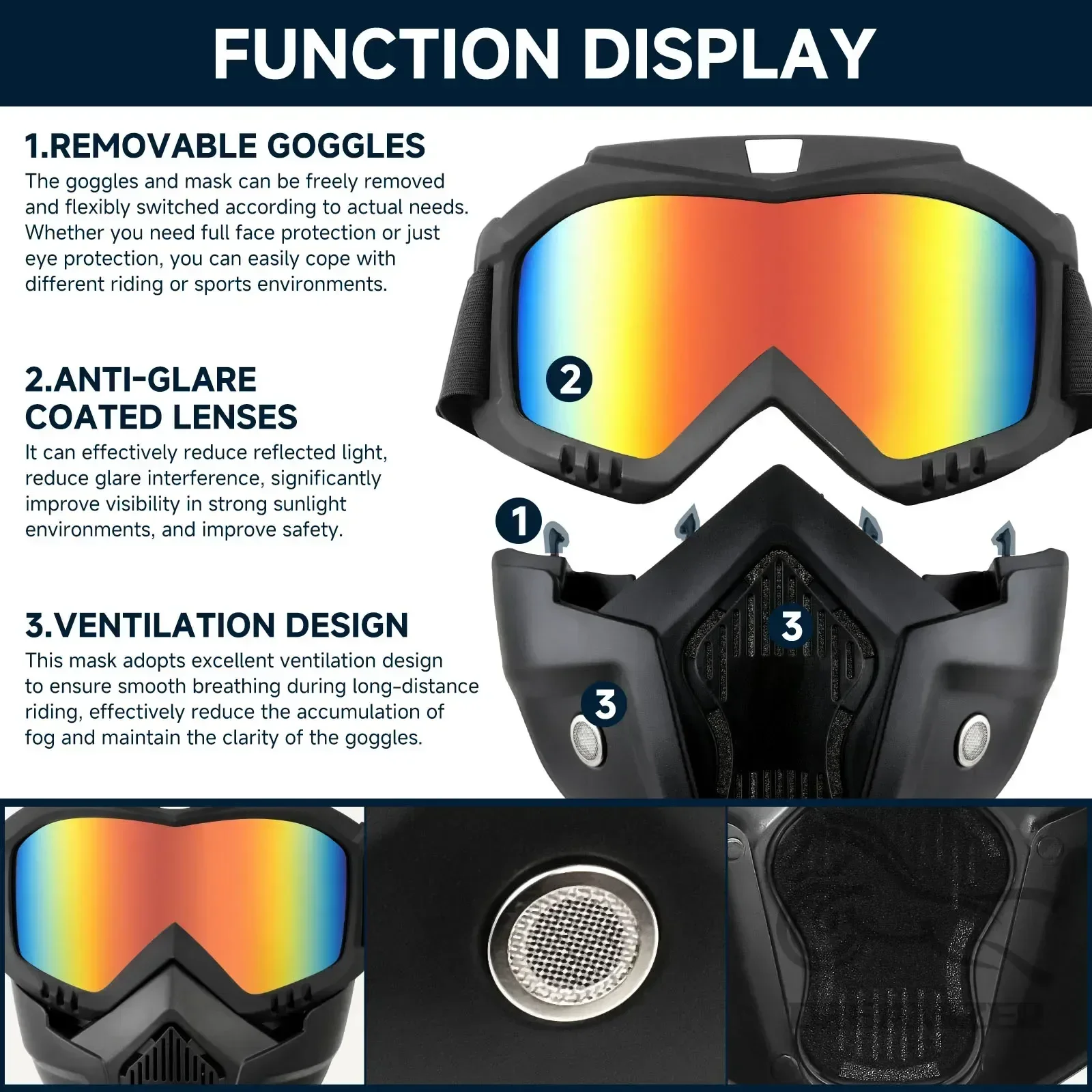 오토바이 고글 탈부착 가능한 먼지 보호 오토바이 마스크 오토바이 보호 고글 안경 방풍 페이스 마스크